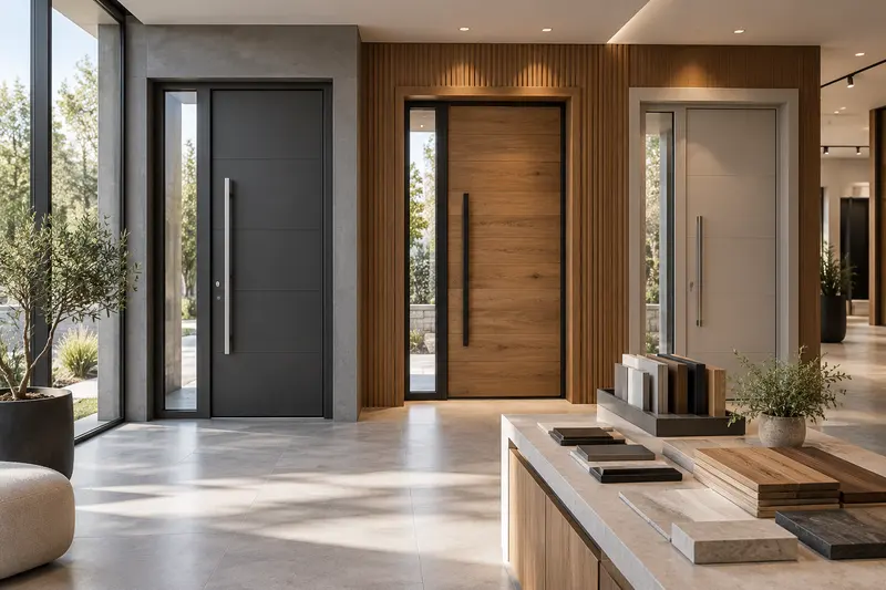 Imagine de concept: showroom contemporan de uși și mostre de finisaje