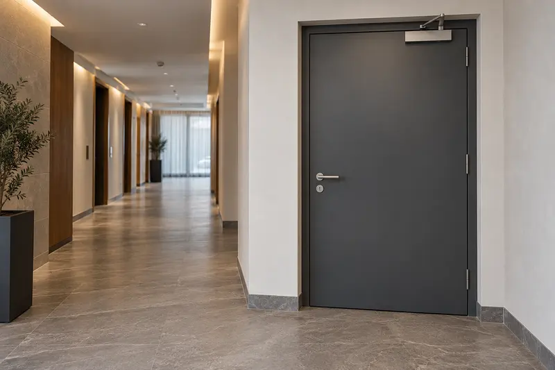 Imagine de concept: ușă într-un coridor de clădire cu acces comun